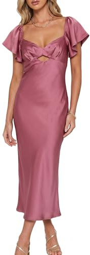 Summer Satin Flutter Sleeve Wedding Guest Dresses for Women Sweetheart Neckline Cutout Tie Back Midi Cocktail Dress Plum