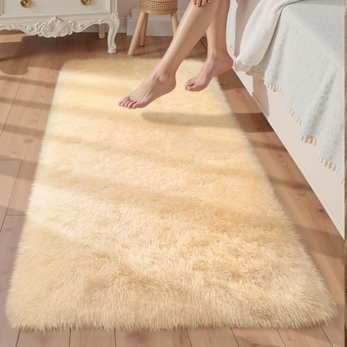 Sour Lemon Teppich Schlafzimmer 60x120cm, Beige Teppich Flur Läufer | Rutschfest Schlafzimmer Teppich Waschbar Flauschiger Wohnzimmerteppiche Zottelige Weiche Teppiche für Kinder Flur Wohnzimmer