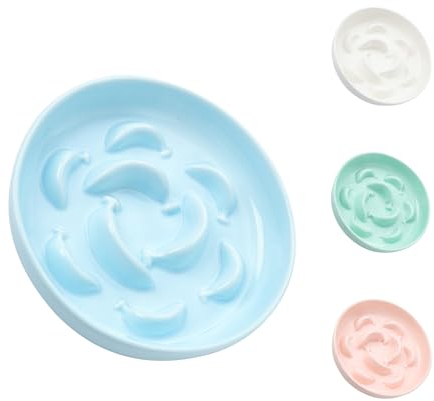 Ceramic Cat Slow Feeder Bowl - Pastel Series Cat Plate for Dry and Wet Food - Cute Maze Feeder Dish for Healthy Eating - Dishwasher Safe - 6.3''W x 1.2''H - 7 OZ - Pale Blue