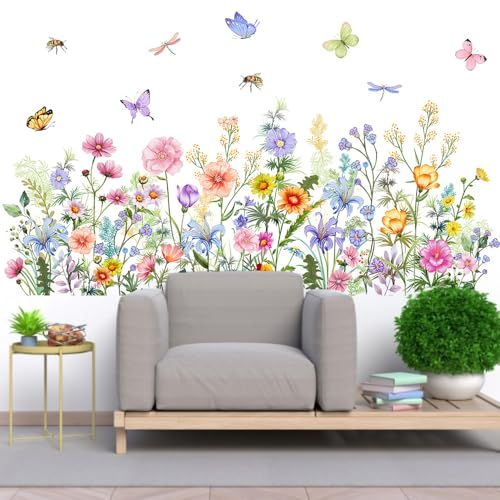 YAANBUNB 2 Pz Adesivi Murali Giardino Fiori,Adesivi da Parete Floreali Piante,Stickers Pianta Muro Removibili Floreali,Fiori Colorati Adesivi Murali per Camera da Letto Soggiorno Finestra