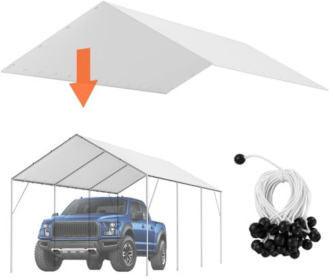 VEVOR 10 x 20 ft Carport Replacement Canopy Cover, Garage Top Tent Shelter Tarp Heavy-Duty Waterproof & UV Protected, Easy Installation with 40 Ball Bungeess (Only Top Cover, Frame Not Include), White