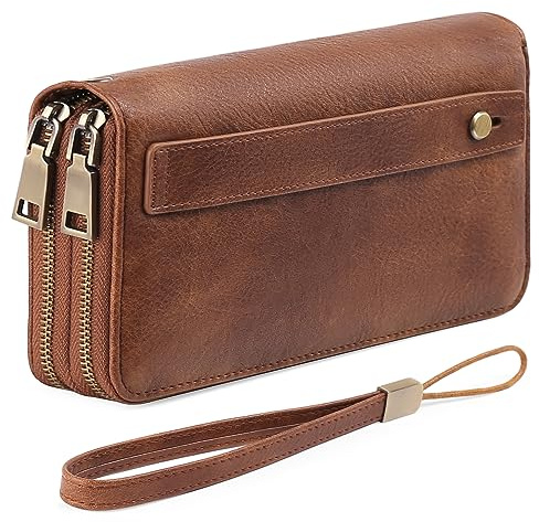 GAEKEAO Geldbörse Damen Groß, Portemonnaie Veganes Leder Doppel Reißverschluss Kreditkartenetui, RFID Schutz Clutch Geldbeutel Groß, mit Viel Kartenfächern Wallet, Portmonee für Frauen