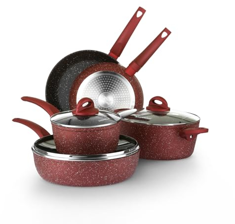 KASANOVA Set di 8 pentole a forma di uva rossa. Realizzato in alluminio forgiato a 3 strati e manici in bachelite soft touch