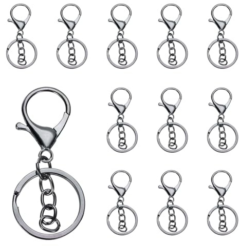 QUARKZMAN 12 Stück Schlüsselanhänger 12mm, Schlüsselring mit Flachem Karabiner und Kette für DIY Bastel, Glückswürmchen, Sorgenwürmchen, Makramee (Schwarz)