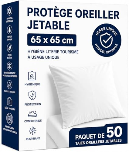 Protector de almohada 65x65 cm – Paquete de 50 fundas de almohada desechables – Funda protectora cojín de uso único – Higiene Ropa de cama Turismo (Campings - Hoteles - Casas - Airbnb…)