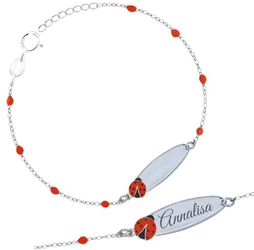 Bracciale Rosary in Argento 925 con Coccinella Smaltata e Piastrina Incidibile per Bambini Kids Collection + Confezione Regalo Personalizzata + Braccialetto per Nascita Comunione Battesimo Compleanno