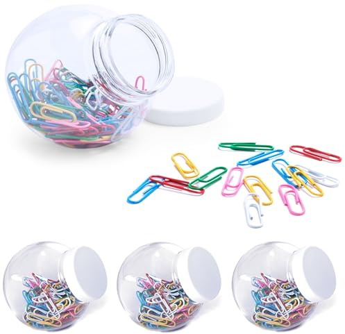 4er Sparset Originelles Büroklammern-Glas mit weißem Schraubverschluss im Stil eines Bonbon Glases mit je 100 Clips - Büroklammern mit PVC-Überzug in vielen verschiedenen Farben 400 Papier Clips