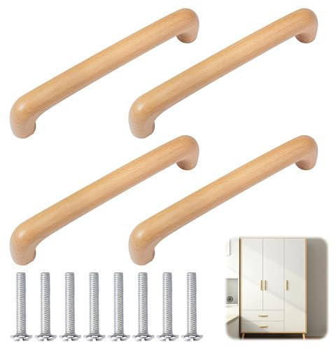 PetGlimmer 4 stycken möbelhandtag trä, 143 mm handtag för skåpdörrar, handtag trä med 8 skruvar dörrlådhandtag, trähandtag möbler, skåphandtag massiva trähandtag för dörr, skåp, lådor