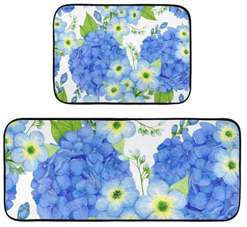 Küchenteppich-Set, rutschfest, waschbar, Küchenmatten, 2 Stück, blaue Hortensien, Gänseblümchen, tropische Blumen, Anti-Ermüdung, Bodenmatte, Stehmatte für Küche, Flur, Läufer