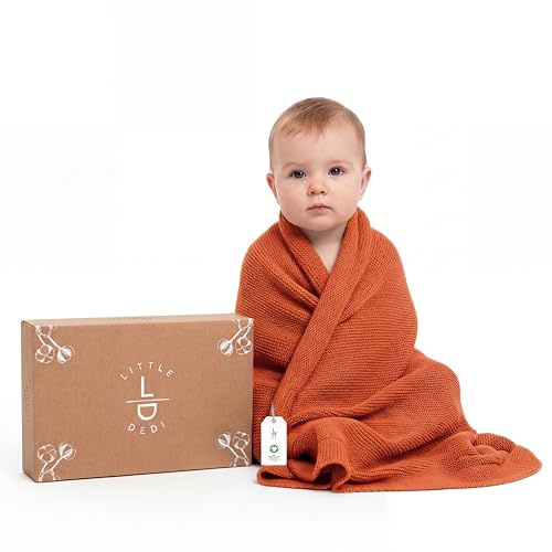 Little Dedi Atmungsaktive, Temperatur regulierende Luxus Strickdecke aus Bio-Baumwolle GOTS Zertifizert - Ideal als Kuscheldecke und Geschenk für Babys (Kürbis Orange)