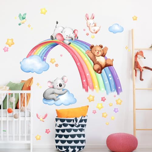 Tanlaby Wandtattoo Regenbogen Tiere Bär Elefant Koala Kaninchen | Cartoon Bär Elefant Koala Kaninchen für Mädchen Jungen Kinderzimmer