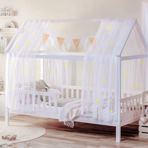 Decoración para cama de casa con dosel con estrellas luminosas, 2 doseles de cama y 1 guirnalda de banderines, dosel para cama de bebé para habitación infantil, cortinas para cama de 90 x 200 y 120 x