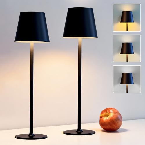 DEELUX 2 Stück LED Tischlampe Kabellos Dimmbar, Akku Nachttischlampe Schwarz