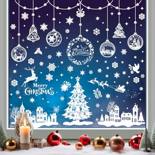 sulanmo 244PCS Stickers Noel Fenetre Blanc, Autocollant Noël Fenêtre Electrostatique, PVC Flocon de Neige Sapin Stickers Amovible Réutilisable de Noel pour Déco Intérieur Fenetre Vitrine