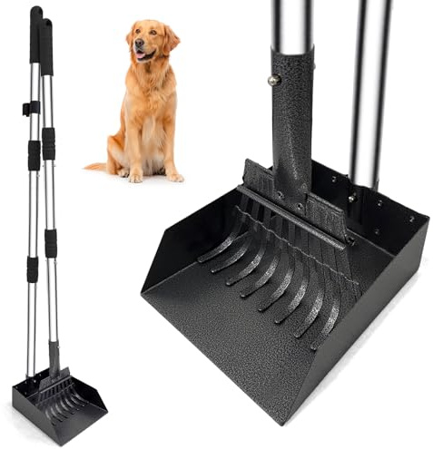 Niubya Ramasse crottes pour Chiens - Pelle métallique à Manche Long réglable (jusqu'à 96 cm), Pooper Scooper kit avec bac et râteau pour faciliter Le ramassage des déchets Animaux, Lot de 2