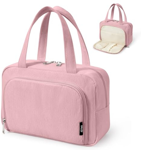 KALIDI Stor kapacitet sminksväska för kvinnor, kosmetikväska med handtag, corduroy sminksväska med fack & penselplatser, bärbar kosmetikorganisatör, reseessentials, Rosa, 10.62 x 6.69 x 4.72 inches