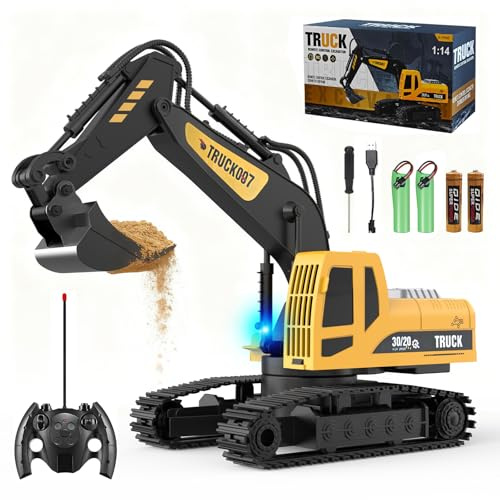 Gofady Ferngesteuerter Bagger für Kinder ab 3 Jahren, 6 Kanal Elektro RC Bagger mit 2 Aufladbare Akkus + Fernbedienungsbatterie, Licht & Demo-Funktion, Anti-Störsender 2.4GHz