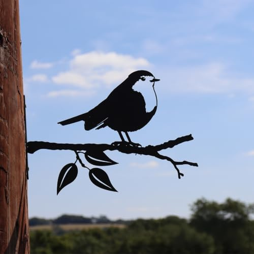 Betley Butterfly Garden Metal Robin Silhouette, Black Robin Bird on Branch Stand, 18cm x 25cm, Tree or Fence Mountable Decoration
