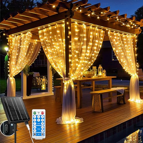 Holwim Solar Lichterketten Vorhang, lichtervorhang 3x3m 300LED - IP65 Wasserdicht lichterkette vorhang für Innen & Außen, 8 Modi mit Fernbedienung, für Festliche Party Weihnachten (Solar-Warmweiß)