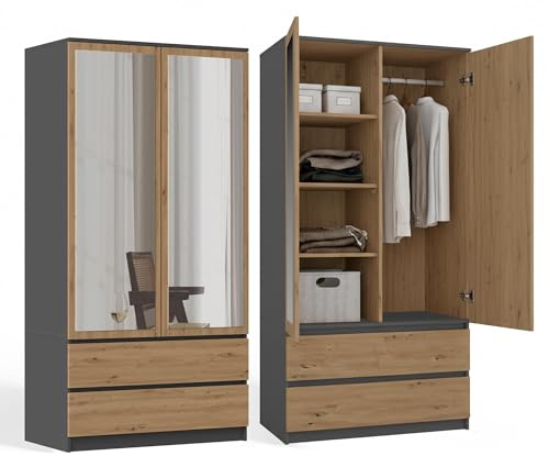 CDF Kleiderschrank + Spiegel 90cm breit 2-türig Flurschrank 2 Schubladen | Zweitüriger Schrank mit Kleiderstange für Schlafzimmer Kinderzimmer Laminierte Platte 16mm Robust Eiche Artisan/Anthrazit
