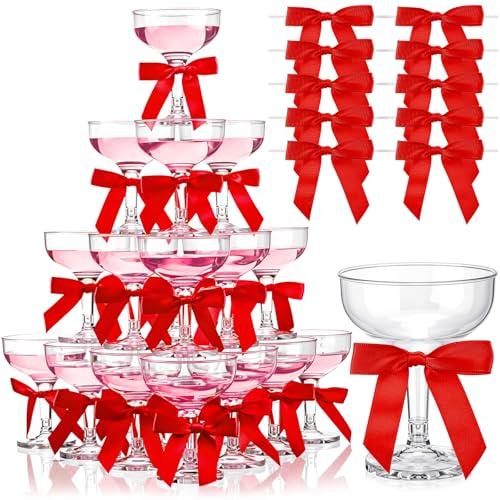 Zopeal 50 Pcs Christmas Plastic Martini Glasses 5 oz Champagne Cups Margarita Cocktail Glasses with Red Bow 2.8 Inch for Birthday Bachelor Party Home Bar Wedding Champagne Tower