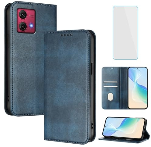 OUEAYIEN Funda para Motorola Moto G84 5G Tapa Libro con Protector Pantalla Bloqueo RFID Cuero Carcasa Cartera Ranuras Tarjetas Soporte Plegable Vintage móvil Funda Motorola G 84 MotoG84 5G Azul