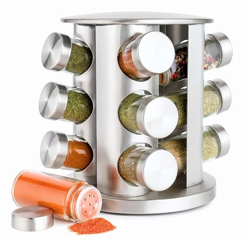 DIVCHI Rotating Spice Rack with 12 Spice Jars Stainless Steel Seasoning Storage Organization Kitchen Countertop Storage for Herbs & Spices