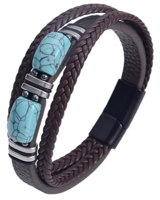 Ticome Men's Turquoise Leather Bracelet,Brown Handmade Leather Woven Multilayer Wristband Cuff Bangle Bracelet,Mens Classic Hip-hop Punk Jewellery Accessories