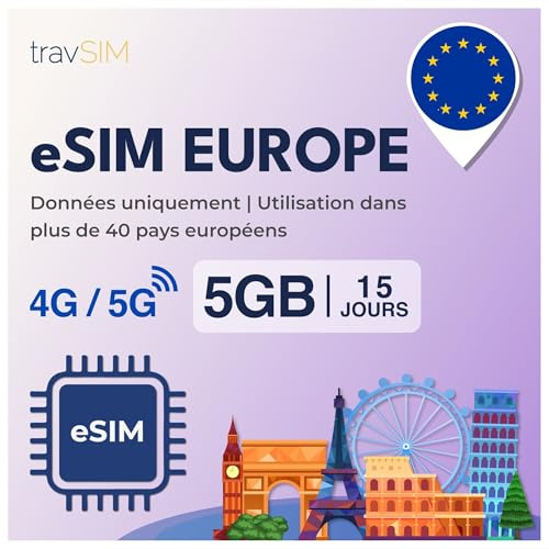 travSIM eSIM Europa | 15 dagar – 5 GB | eSIM Europa, användning i Tyskland, Frankrike, Spanien, Italien, Nederländerna och mer | Tillgång till Google, Facebook, Whatsapp med mera | Inga