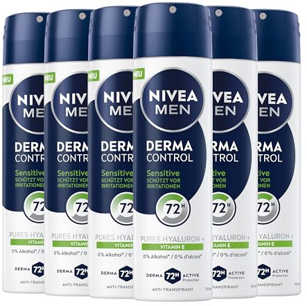 NIVEA MEN Derma Control Sensitive Antitranspirant Spray, Hyaluronsäure & Vitamin E, 72h Schutz, Alkoholfrei (6 x 150 ml)
