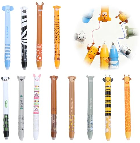 12 Stück Radierbare Gelstifte, Thermoempfindlicher Stifte mit Tinte, 0,5 mm Feine Spitze, Löschbare Gelpens mit Radierkugel, Tierdesigns, Rote Blaue für Schule Büro Planer Notizen Schüler Geschenkidee