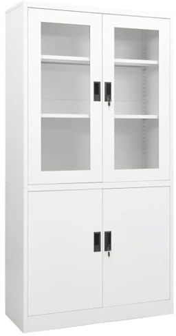 SKTQYQO Armadio per Ufficio in Acciaio Bianco 90x40x180 cm con 4 Ante e Vetro Temperato, 3 Ripiani Regolabili e 2 Serrature per Archivio Documenti, Mobile per Ufficio Resistente