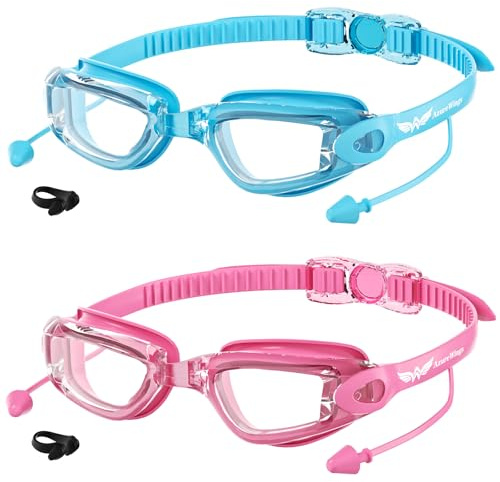 AzureWings Swim Goggles - 2 Pack Swimming Goggles No Leak Anti-Fog & UV for Adult Men Women, Wide Visio HD Mirror PC Lens (Light blue-Pink)
