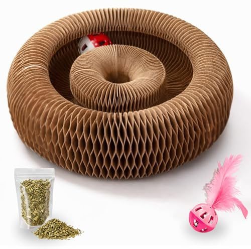 Kit Juguetes para Gatos Interactivo de Cartón Tipo Acordeón, 2 Pelotas Cascabel, Catnip y Guía de Regalo | Juguete Gato Interior | Estimula Juego y Mente | Accesorios para Gatos Antiestrés