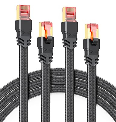 2 cables LAN Cat 8 de 0,25 metros, 40 Gbps, cable de red de alta velocidad 2000 MHz S/FTP Ethernet Cable Gigabit POE RJ45 de nailon trenzado dorado para router PS5/4 Router Switch Steam Deck