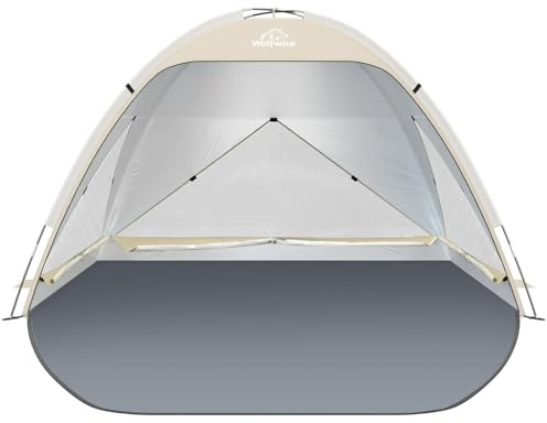 Wolfwise große Strandmuschel UV Schutz für 3-4 Personen, Strandzelt großzügig mit Sonnenschutz UPF 50+, Strand Zelt tragbar mit Windschutz & erweiterbarem Boden für Reisen 240x165x140cm, Beige