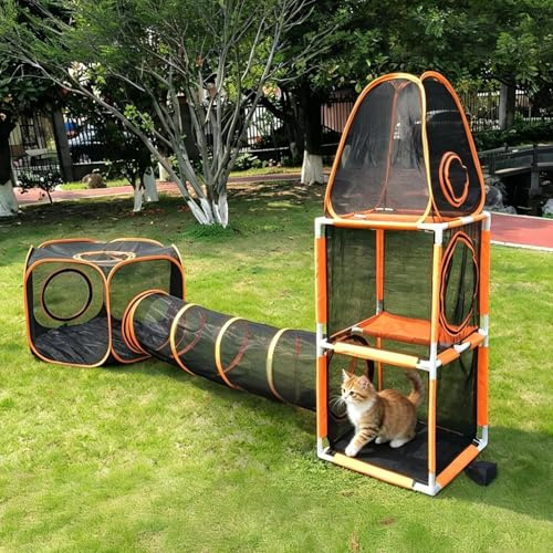 3 in 1 Katzenzelt Tunnel 3 Ebenen Kletterturm mit Tunnel Haustier Spielhaus Outdoor Groß Faltbar Katzengehege Welpenlaufgitter (3 in 1)