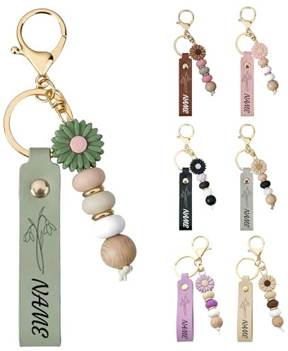 CGFN Personalisierte Schlüsselanhänger mit Namen,Personalisiertes Geschenk für Frauen Partner Brautjungfer| Schlüsselanhänger personalisiert Geburtsblume PU Leder Tasche Auto