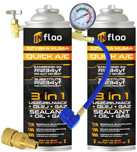 INfloo Quick A/C 2x Sustituto de Gas R1234yf 3 en 1 para Aire Acondicionado de Coche, Gas + Sellador + Aceite, Manguera con Manómetro, Adaptador YF y Guantes, Kit de Recarga A/C