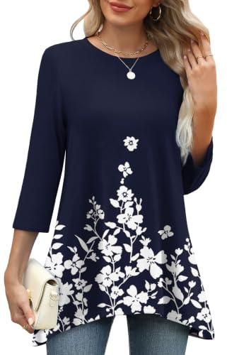OFEEFAN 3/4 Length Sleeve Womens Tops Lightweight Ladies Longline Tunic | Curved Hem Soft Crewneck Casual Summer Blouses Loose Fit Shirts for Leggings