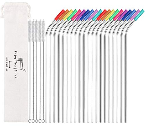 MUTNITT Set of 20 10.5 Reusable Bent Stainless Steel Straws with 20 Silicone Tips 5 Cleaning Brush 1 Travel Case Eco Friendly Extra Long Metal Straw Drinking for 20 24 30 oz Tumbler