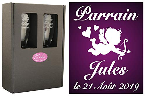 Gravure Events 2 Flûtes à Champagne Gravées Modèle Ange avec Boîte Cadeau - Cadeau Parrain ou Marraine – Verre de Baptême Communion – Coupe de Champagne personnalisée (demande annonce naisance)
