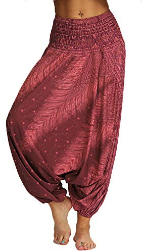 Nuofengkudu Women's Hippie Harem Trousers Drop Crotch Baggy High Waist Yoga Pants Aladdin Boho Thai Patterned Alternative Clothing Beachwear Holiday (Wine Red,One Size)