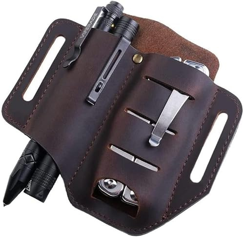 VIPERADE PJ8 EDC Leather Sheath for Belt,EDC Organiser Leather Multitool Holster with 2 Pockets, Multitool Sheath Flashlight Holster,Multifunctional Organiser Pouch Pen Holder-Brown
