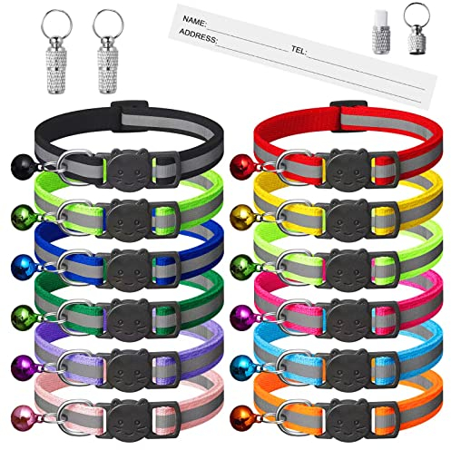 14 Piece Reflective Cat Collar Pack with Bell,kitten collar Safety Quick Release Buckle,with Name Tag,Adjustable 7.5''-12.5'',for Girl Male Cats,Pet Supplies,Stuff,Accessories(12 Colors & 2 ID Tags)