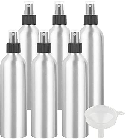 ZEOABSY 6 Pezzi 250 ml Bottiglie Spray Argento Vuote in Alluminio con Pompa Nera Fine Nebbia Flacone Spray per Cosmetica Acqua Profumo da Viaggio Riempibile, Imbuto