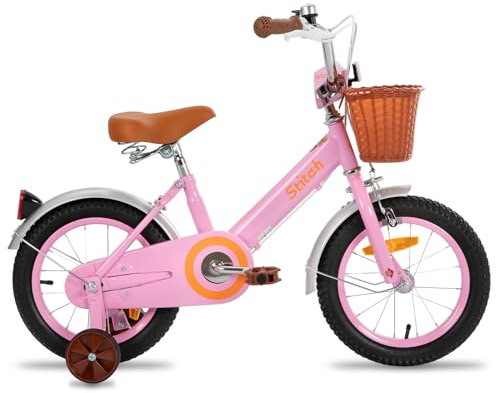 STITCH 16 tums barncykel för 4-5-6-7 år flickor, barncykel med framkorg och stödhjul för 4-7 år barn, rosa