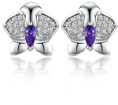 Genuine 925 Sterling Silver Orchid Flower Clear Cz Zircon Stud Earrings For Women Engagement Jewelry Gift