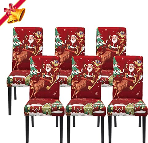Jaotto Stuhlhussen Universal - 6er Set Stretch Schwingstühle Elastische Langlebig für Feiertagsdekoration Weihnachten (Rotwein/Xmas, 6 Stück)
