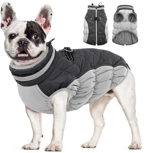 AOFITEE Hundemantel für Kleine Hunde, Warmer Winter Wasserdicht Hundejacke Winddichter Wintermantel mit Geschirr, Rollkragen Reflektierende Hund Kaltwettermantel für Dackel, XS Grau